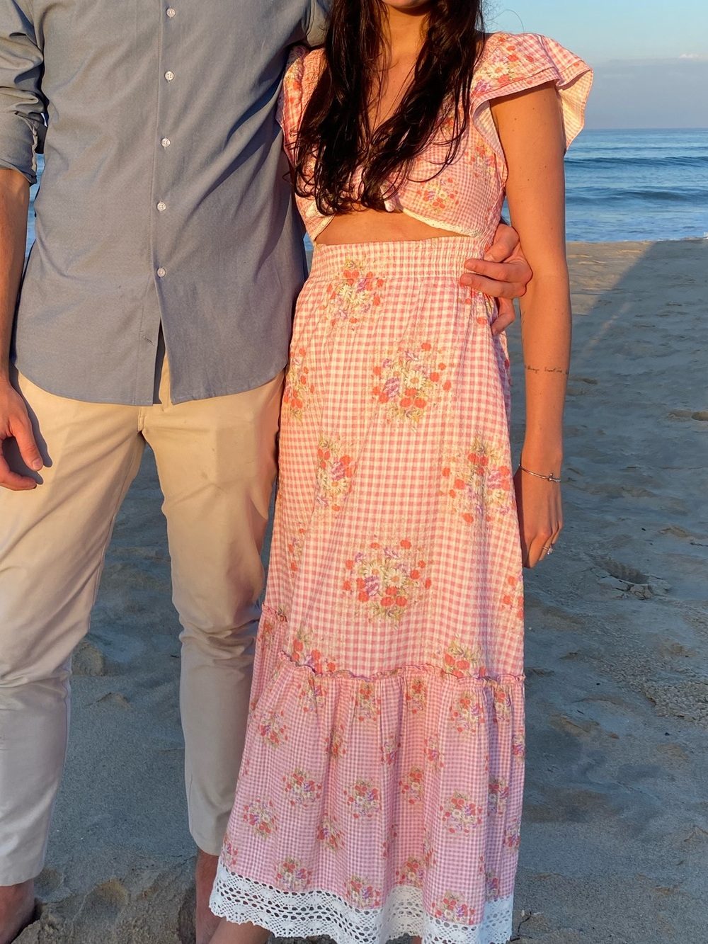 LoveShackFancy Pink Floral Gingham Tie-Front Maxi Dress